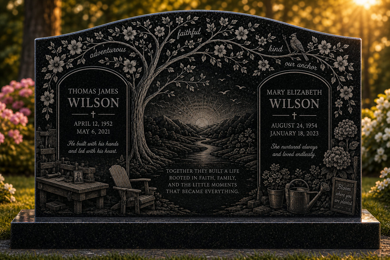 Premium companion family monument with two inscription panels, flowering family tree, workbench, garden details, and center landscape