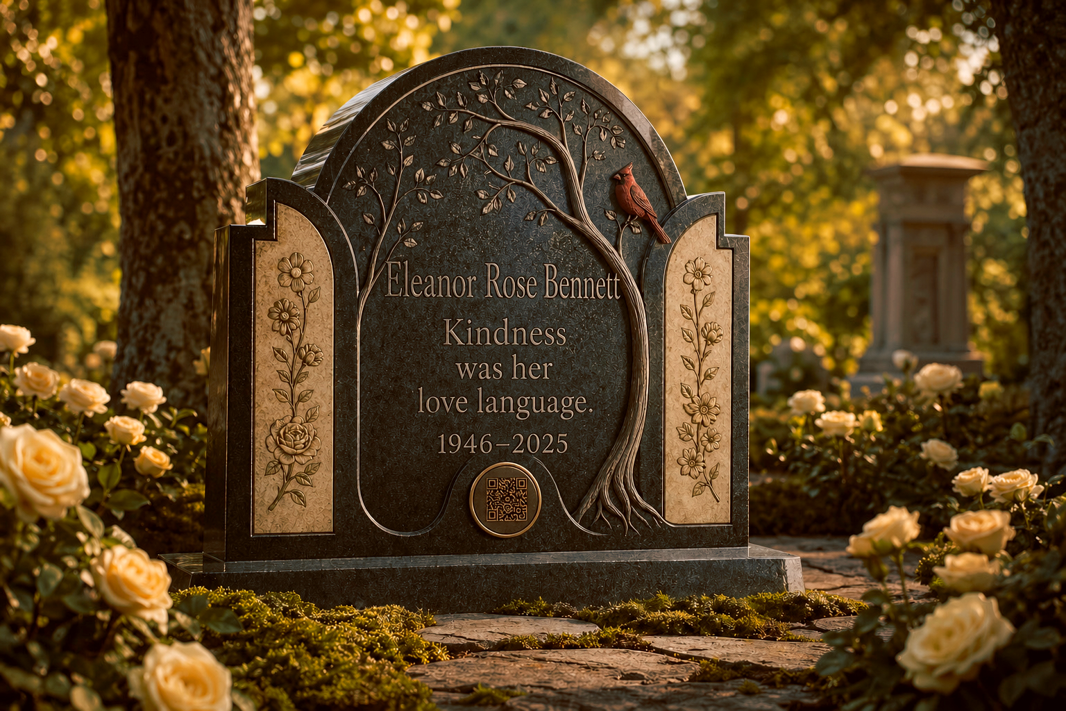 Companion family legacy monument concept with flowers, cardinal, kindness phrase, and QR integration
