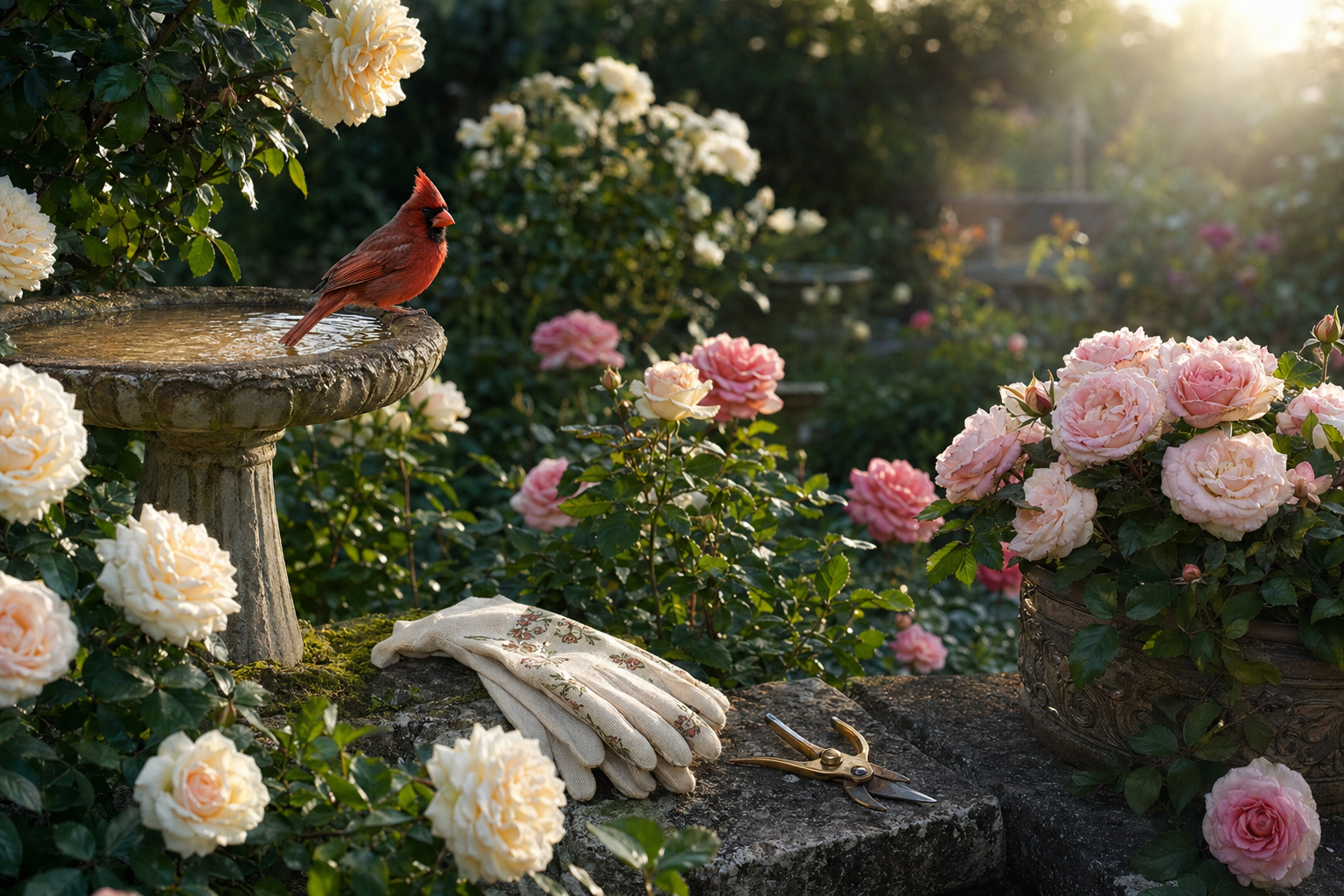 Fictional sample grandmother story with garden flowers and a cardinal