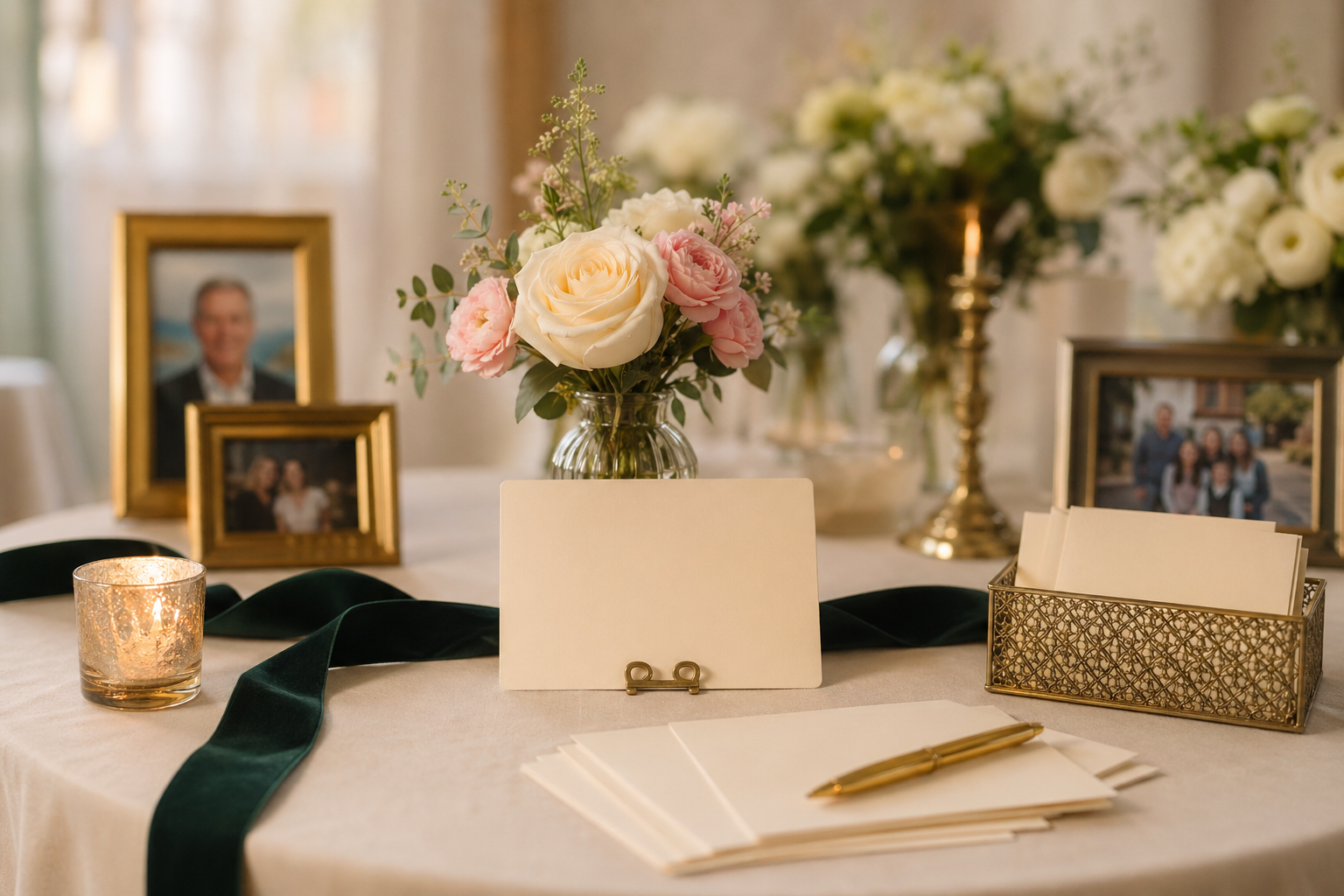Memorial guestbook table with cards, flowers, candle, and family photographs