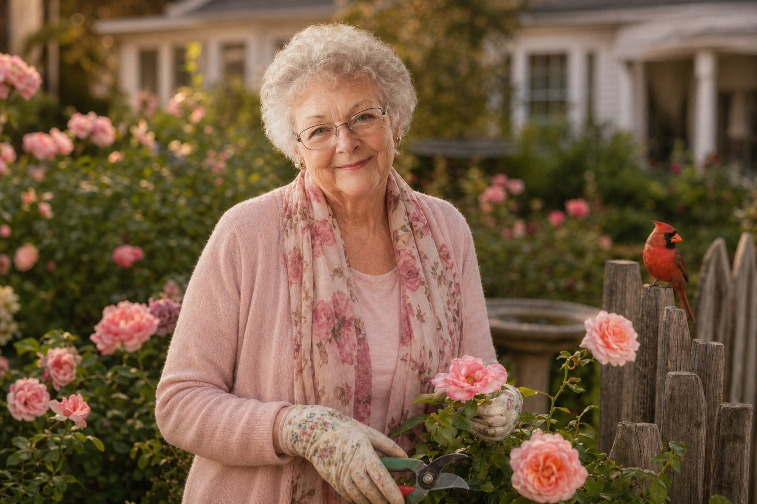 Maggie standing in her rose garden with a cardinal nearby