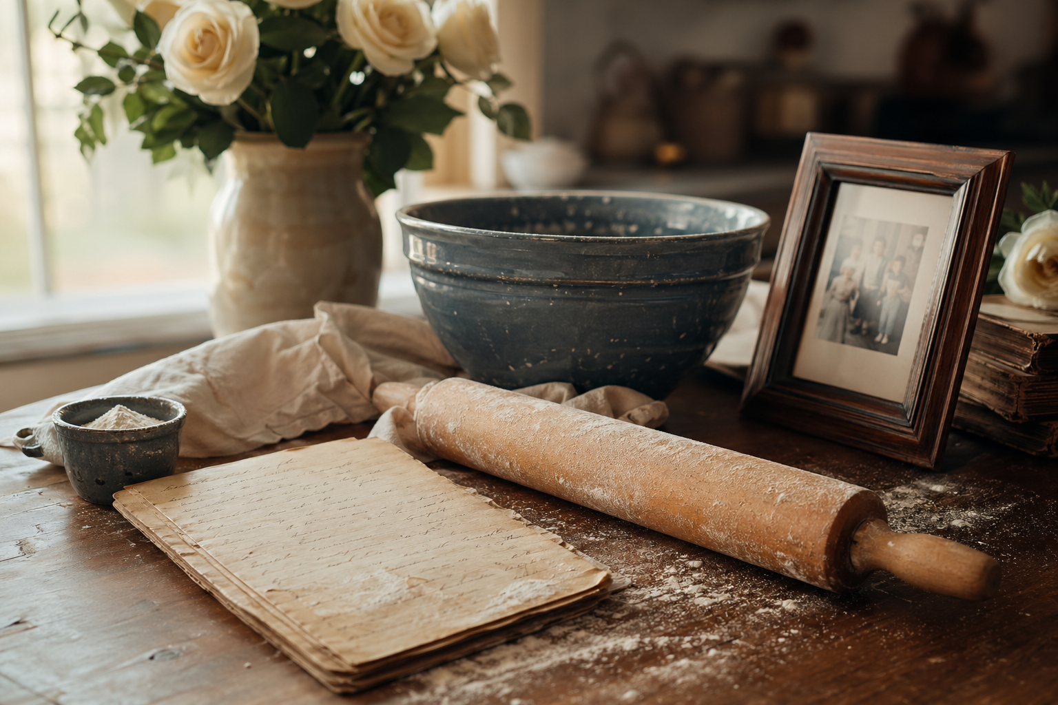 Recipe card, rolling pin, flowers, and family keepsakes on a warm kitchen table