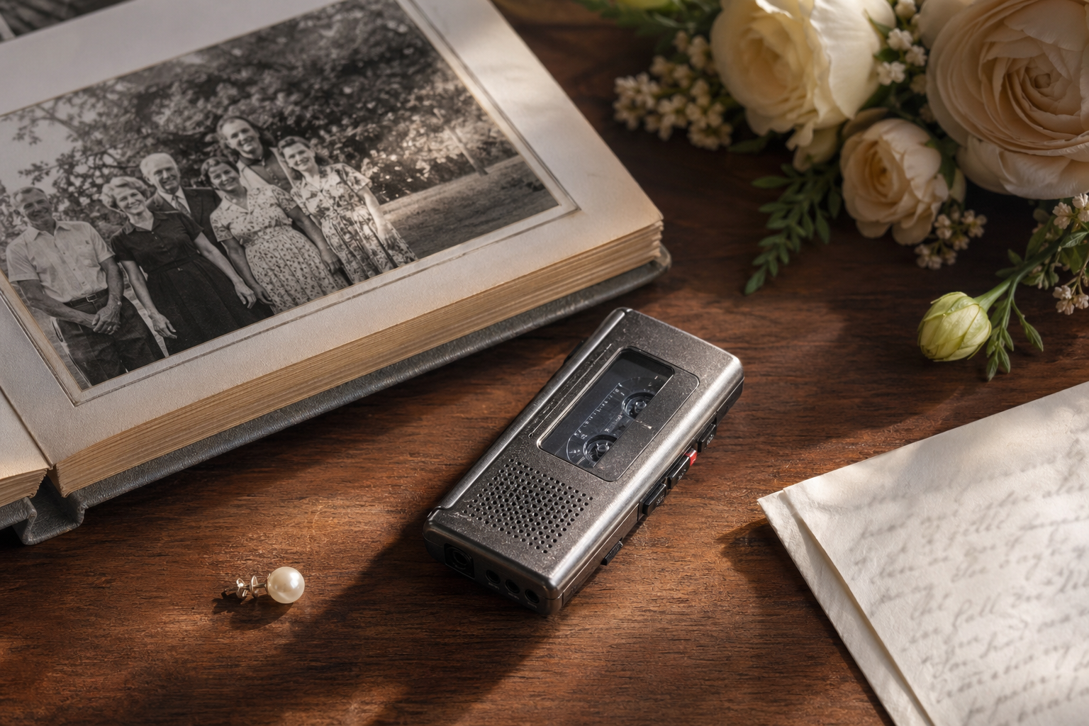 Voice recorder, photo album, flowers, and heirloom keepsakes